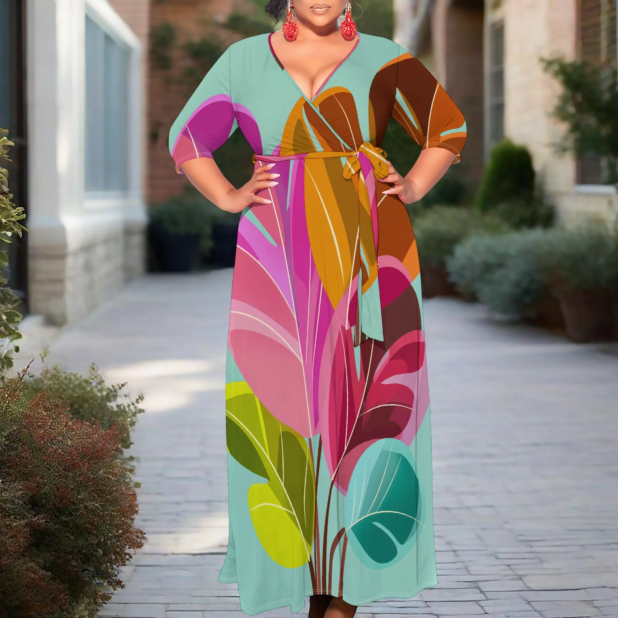 Colorful Tropical Leaf Print Wrap Dress XL-6XL V-Neck Belted Maxi Style for Summer Cruise, Afro Art Show or Vacation Party Look
Colorful Tropical Leaf Print Wrap Dress XL-6XL V-Neck Belted Maxi Style for Summer Cruise, Afro Art Show or Vacation Party Look