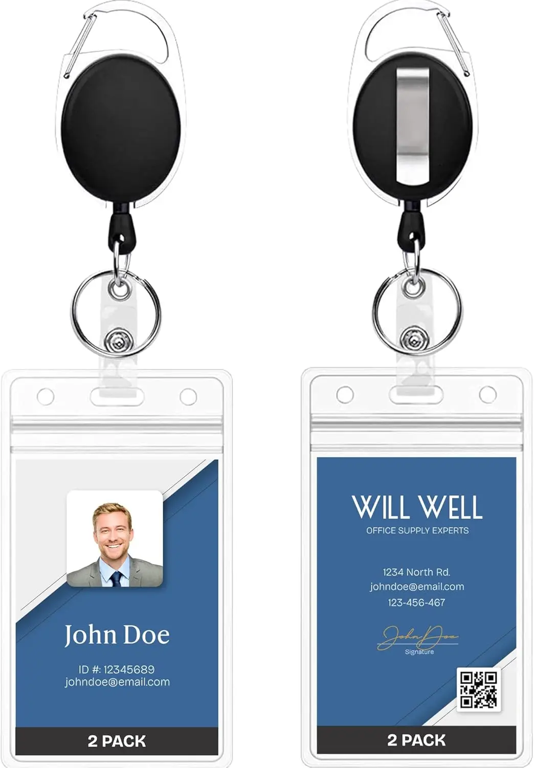 Vertical Clear Plastic ID Badge Holders with Clip and Keyring - 2-Pack, Black Reels, 24" Retractable Cord, Fits 3 Cards
Vertical Clear Plastic ID Badge Holders with Clip and Keyring - 2-Pack, Black Reels, 24" Retractable Cord, Fits 3 Cards