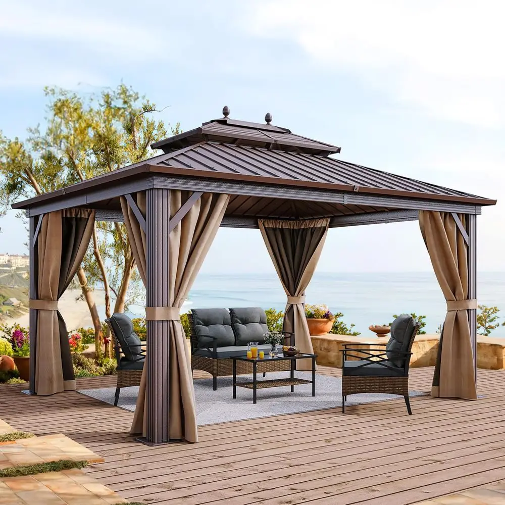 10x12t Hardtop Gazebo with Nettings and Curtains, Heavy Duty Double Roo Galvanized Steel Outdoor Combined o Horizontal Veal Stri
10x12t Hardtop Gazebo with Nettings and Curtains, Heavy Duty Double Roo Galvanized Steel Outdoor Combined o Horizontal Veal Stri