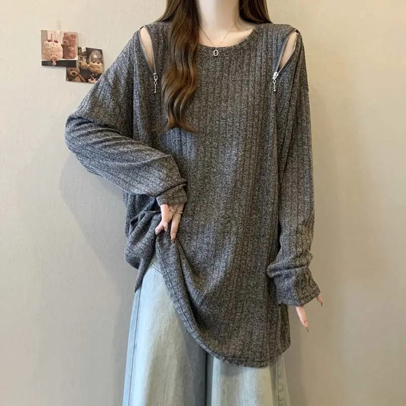 Casual Zipper Loose T-shirt Women's Clothing Fashion Off Shoulder Spring Autumn Korean Solid Color Basic Round Neck Pullovers
Casual Zipper Loose T-shirt Women's Clothing Fashion Off Shoulder Spring Autumn Korean Solid Color Basic Round Neck Pullovers