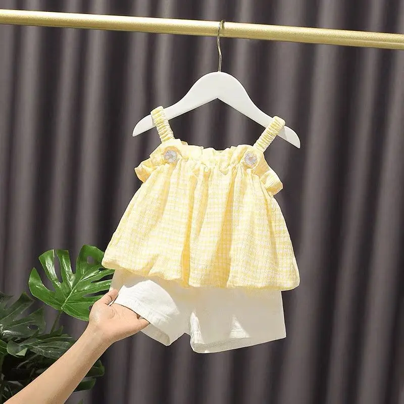 Summer Korean Version Two-piece Sling Set Kids Clothes Girls Plaid Printing Shirring Sleeveless Casual Pullover Children's Sets
Summer Korean Version Two-piece Sling Set Kids Clothes Girls Plaid Printing Shirring Sleeveless Casual Pullover Children's Sets