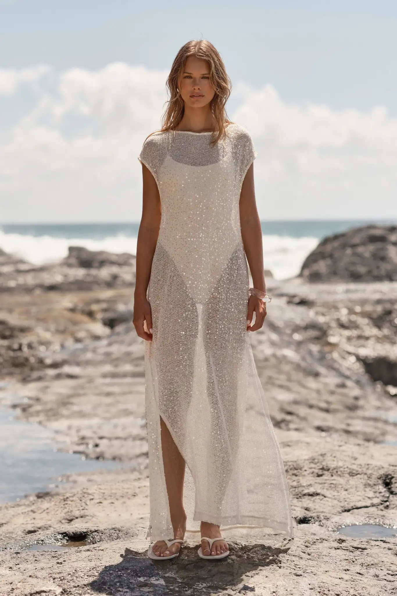 Women's Sequin Long Dress Summer Short Sleeve Solid Color Loose Fit Gown with Side Slits Cream Sparkly Sheer Knit Full Outfit
Women's Sequin Long Dress Summer Short Sleeve Solid Color Loose Fit Gown with Side Slits Cream Sparkly Sheer Knit Full Outfit