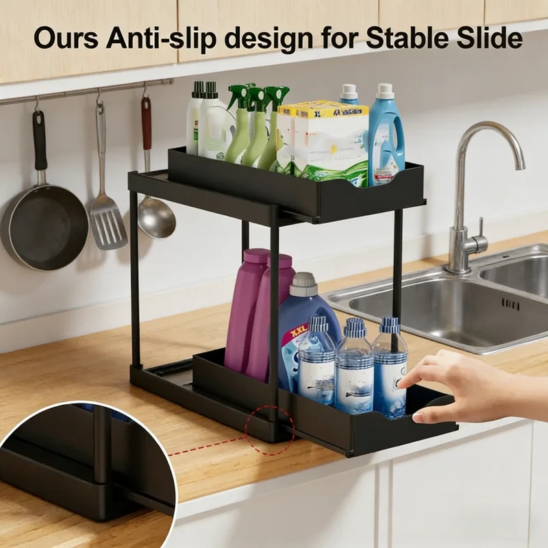Double-Layer Under Sink Pull Out Organizer, Kitchen Bathroom Storage Rack with 5 Hooks, Non-Slip Stable Drawer Shelf
Double-Layer Under Sink Pull Out Organizer, Kitchen Bathroom Storage Rack with 5 Hooks, Non-Slip Stable Drawer Shelf