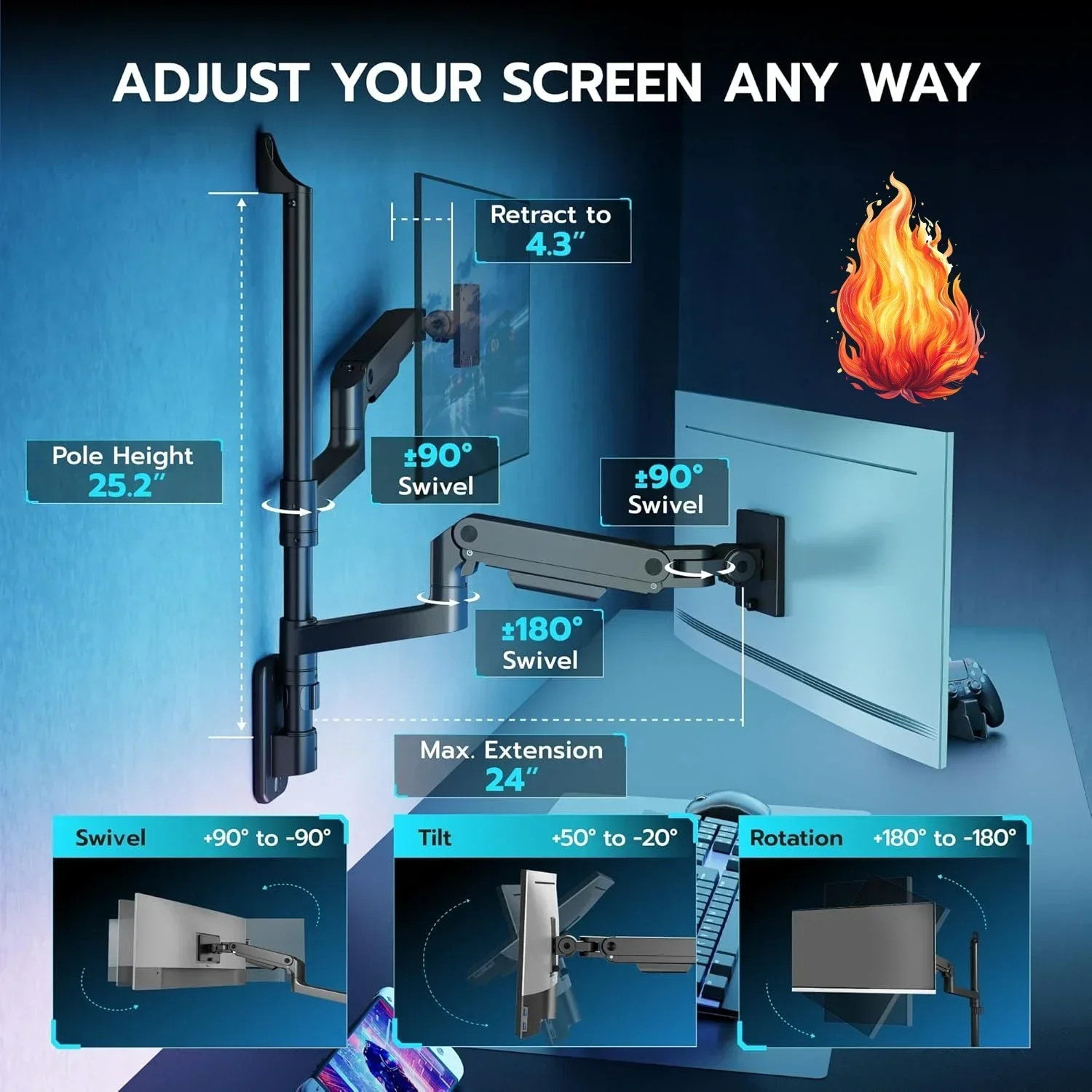 Dual Monitor Wall Mount for 17-49 Inch Ultrawide Screens, Heavy Duty Wall Mount Monitor Arm Holds 44 lbs Each, Fully Adjustable
Dual Monitor Wall Mount for 17-49 Inch Ultrawide Screens, Heavy Duty Wall Mount Monitor Arm Holds 44 lbs Each, Fully Adjustable
