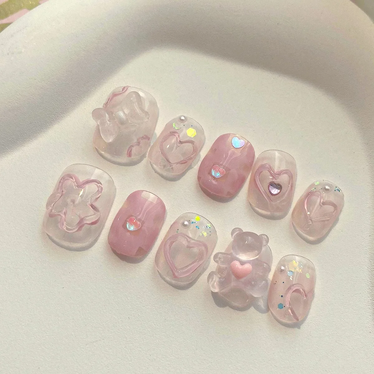 10 Pieces Sweet and Cute Press On Nails Handmade Pink Transparent Love Bear Short Fake Nail Patches Removable
10 Pieces Sweet and Cute Press On Nails Handmade Pink Transparent Love Bear Short Fake Nail Patches Removable