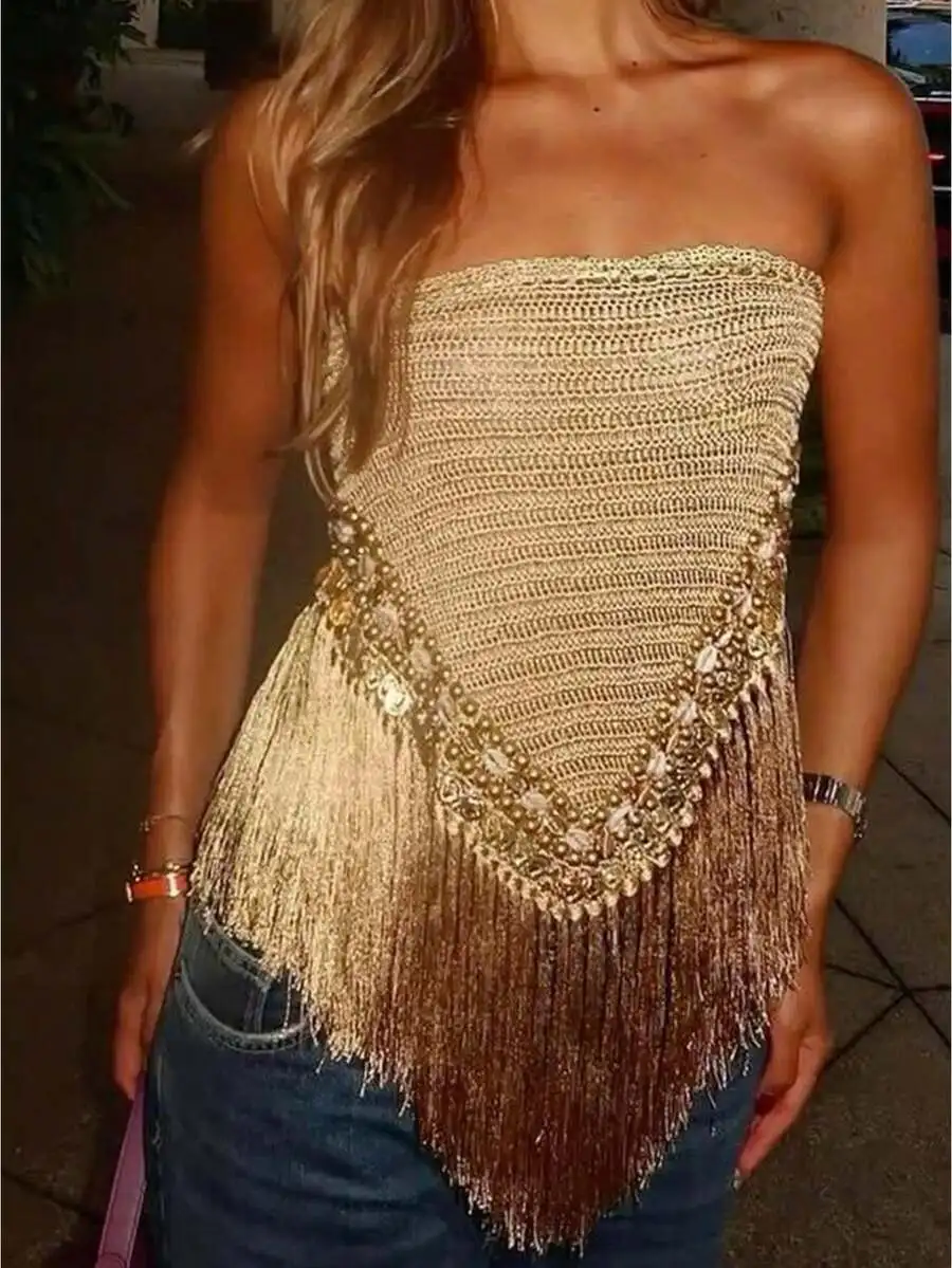 Womens Crochet Fringe Strapless Tube Top Beaded Asymmetrical Hem Party Club Top
Womens Crochet Fringe Strapless Tube Top Beaded Asymmetrical Hem Party Club Top