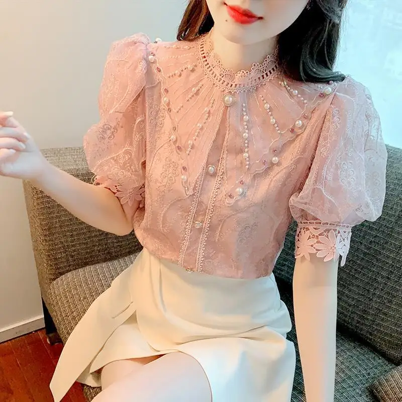 Women's Lace Beaded Shirt Summer New Korean Fashion Design Short Sleeve Chiffon Tops Slim Temperament Sweet Ladies Blouse Q654
Women's Lace Beaded Shirt Summer New Korean Fashion Design Short Sleeve Chiffon Tops Slim Temperament Sweet Ladies Blouse Q654