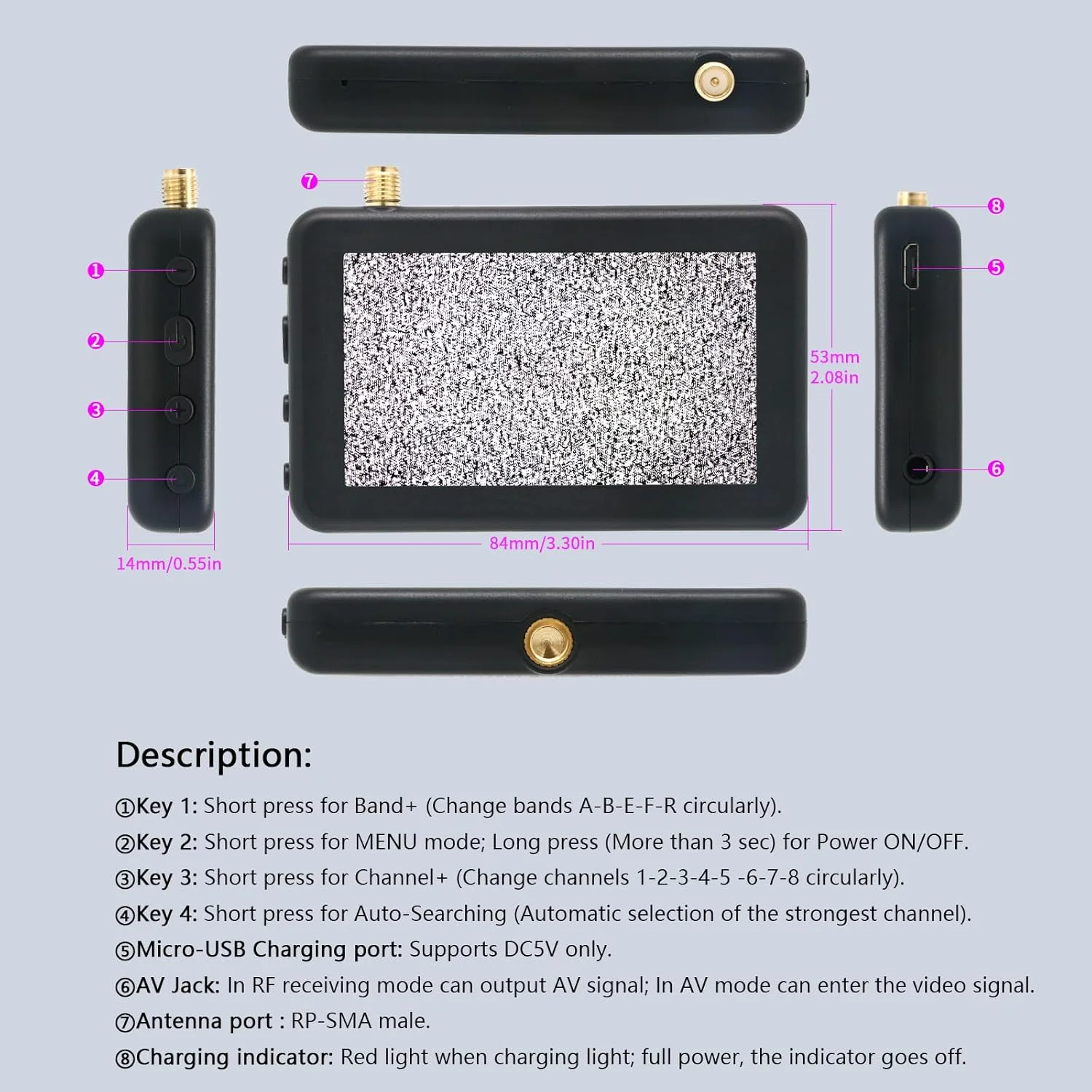 FPV Monitor 5.8G 3-inch Display 40CH Monitor Handheld Display 16:9 480x320 Automatic Search Built-in Battery Remote Control
FPV Monitor 5.8G 3-inch Display 40CH Monitor Handheld Display 16:9 480x320 Automatic Search Built-in Battery Remote Control