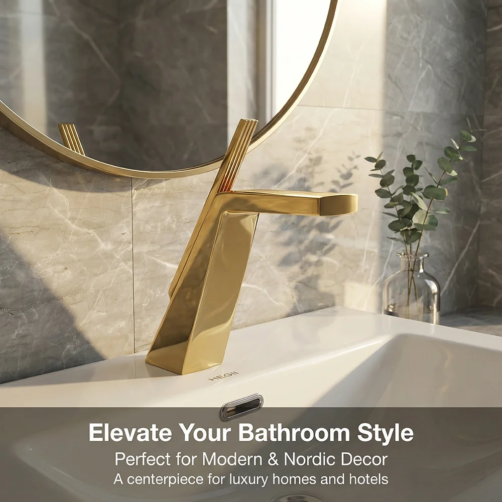 Polished Gold Bathroom Faucet, Solid Brass Modern Geometric Single Handle Basin Mixer Tap, Deck Mount Hot Cold Water Lavatory Fa
Polished Gold Bathroom Faucet, Solid Brass Modern Geometric Single Handle Basin Mixer Tap, Deck Mount Hot Cold Water Lavatory Fa