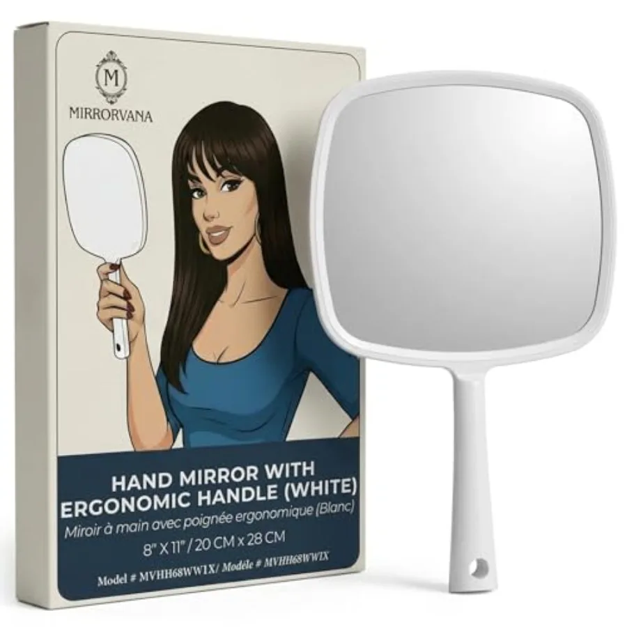 Hand Mirror with Ergonomic Handle - Hand Held Mirror for Make-up, Home Haircuts, Dental and Barber Use, 8" x 11" White
Hand Mirror with Ergonomic Handle - Hand Held Mirror for Make-up, Home Haircuts, Dental and Barber Use, 8" x 11" White