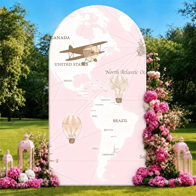 Single Side Arch Backdrop Cover Elegant Pink World Map Background with Vintage Airplane Hot Air Balloon and Floral Lanterns
Single Side Arch Backdrop Cover Elegant Pink World Map Background with Vintage Airplane Hot Air Balloon and Floral Lanterns