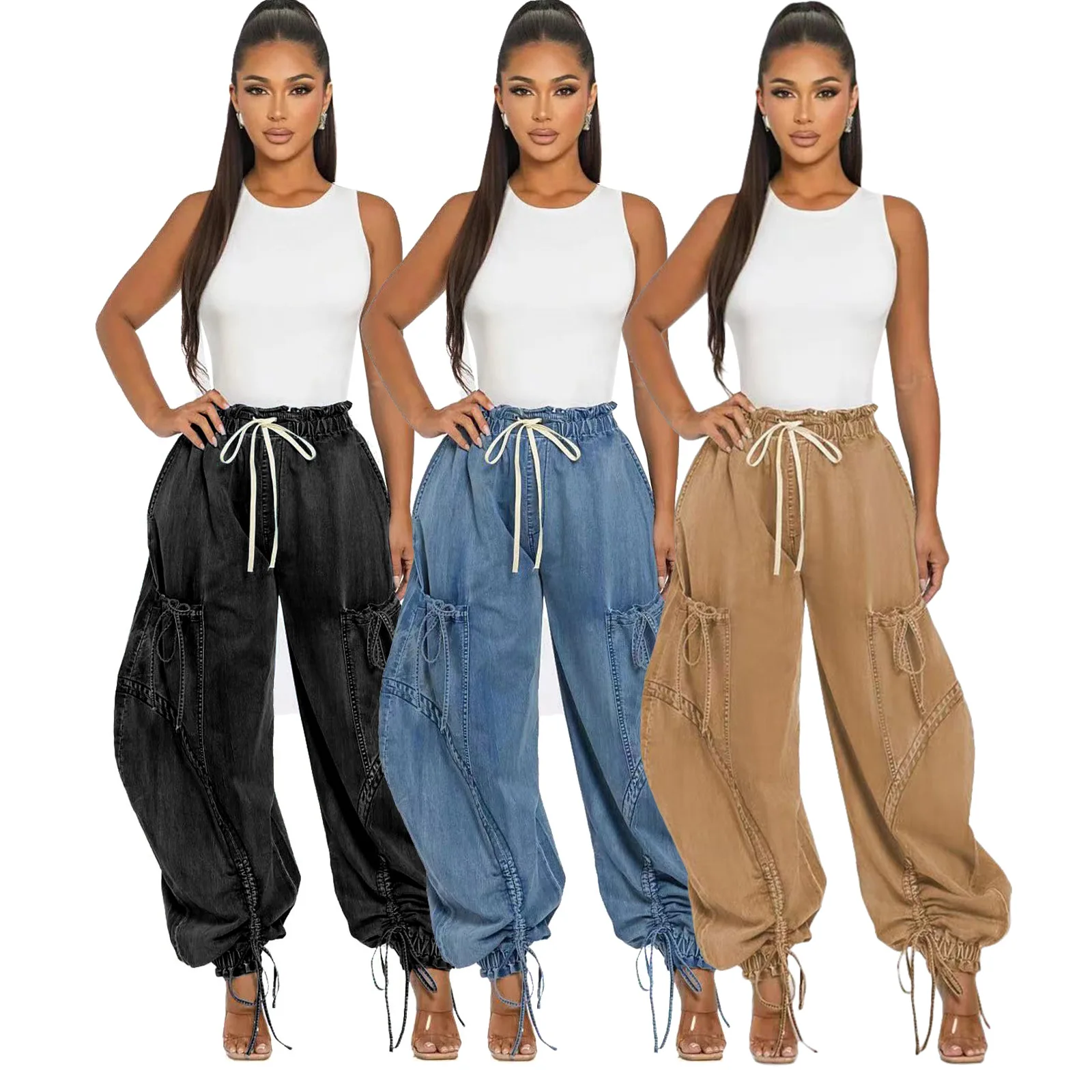 Fashion Elastic Waist Drawstring Loose Women Jeans Casual Denim Trousers 2025 New Cool Streetwear Pockets Cargo Pants
Fashion Elastic Waist Drawstring Loose Women Jeans Casual Denim Trousers 2025 New Cool Streetwear Pockets Cargo Pants