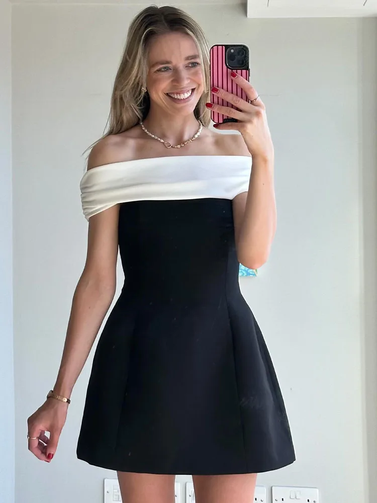 TRAFZA 2025 Summer Women Splicing Color Slash Neck Mini Dress Female Elegant Party Dress Sexy Sleeveless Backless Fashion Dress
TRAFZA 2025 Summer Women Splicing Color Slash Neck Mini Dress Female Elegant Party Dress Sexy Sleeveless Backless Fashion Dress