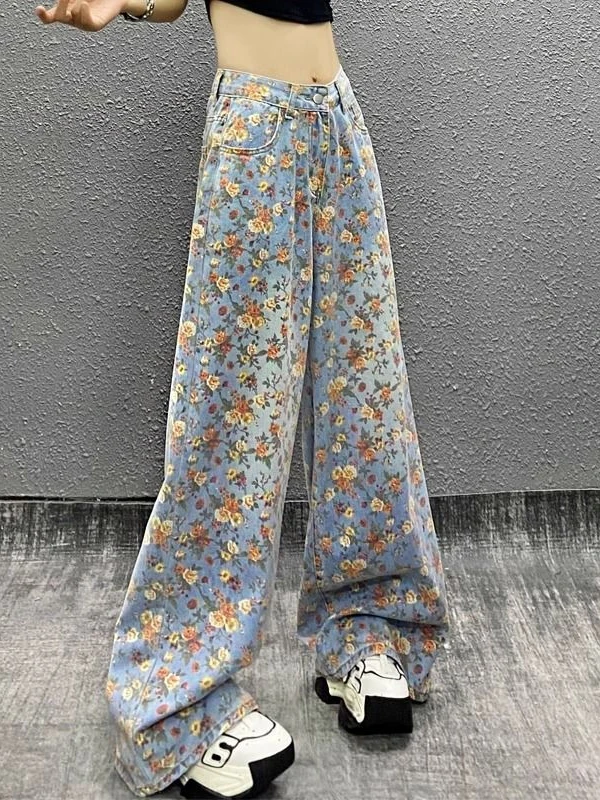 Retro American Floral Denim Jeans High Waist Straight Leg Loose Wide Leg Floor Length Pants Women's Fashion Summer New Arrival
Retro American Floral Denim Jeans High Waist Straight Leg Loose Wide Leg Floor Length Pants Women's Fashion Summer New Arrival
