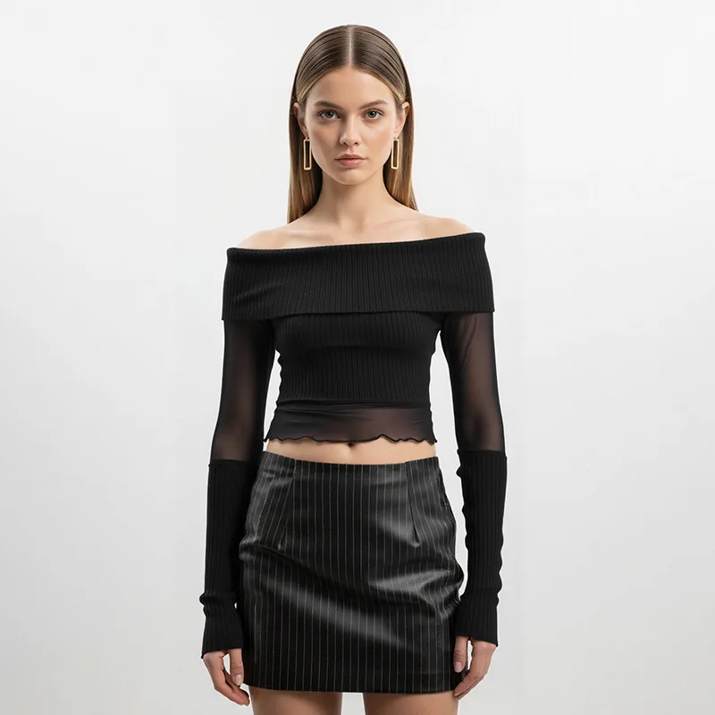 Женская одежда, футболка с открытыми плечами, футболки с длинными рукавами, сетчатый укороченный топ в стиле пэчворк, осень 2025, черные укороченные элегантные блузки облегающего кроя
Женская одежда, футболка с открытыми плечами, футболки с длинными рукавами, сетчатый укороченный топ в стиле пэчворк, осень 2025, черные укороченные элегантные блузки облегающего кроя