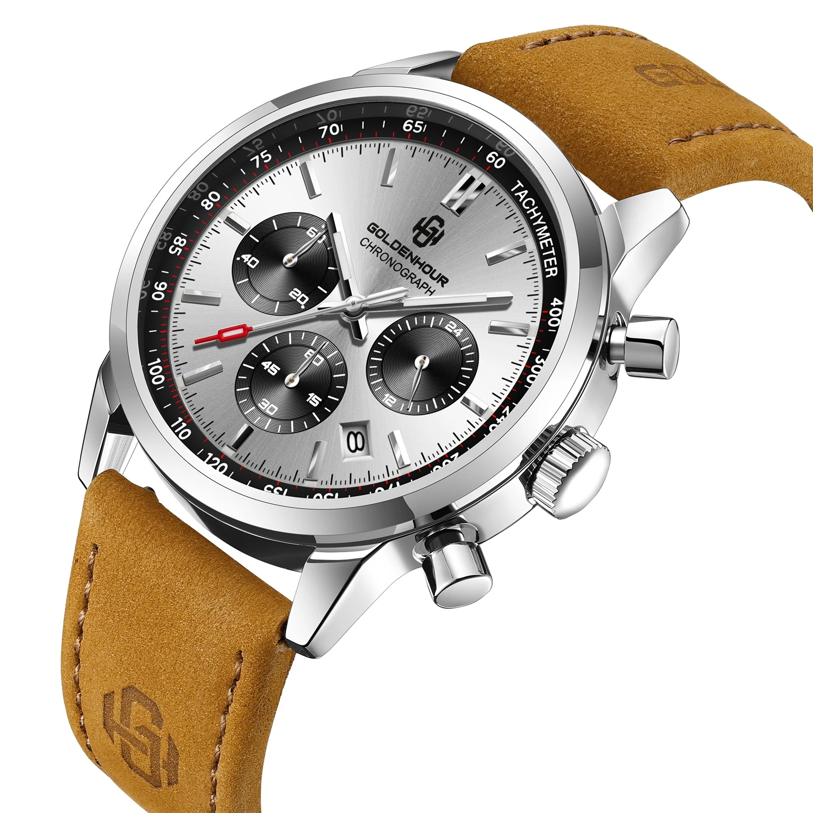 GOLDENHOUR Men's Luxury Watch Silver Dial Green Chronograph Quartz Waterproof Luminous Leather Strap Military Sport Wristwatch
GOLDENHOUR Men's Luxury Watch Silver Dial Green Chronograph Quartz Waterproof Luminous Leather Strap Military Sport Wristwatch