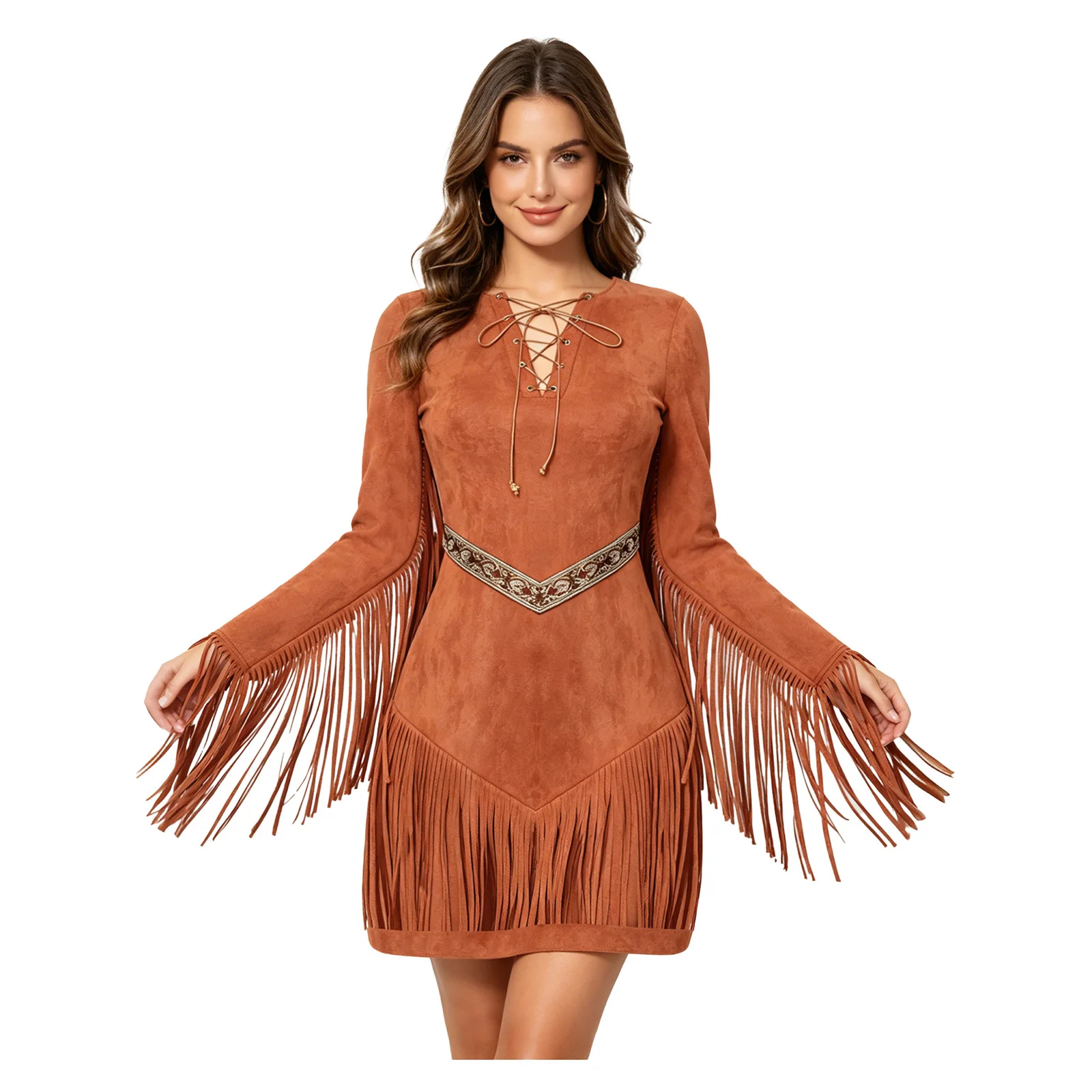 Women Primitive Tribal Tassel Fringed Dress Lace Up Brocade Caveman Costume for Halloween Cosplay Party Role Play
Women Primitive Tribal Tassel Fringed Dress Lace Up Brocade Caveman Costume for Halloween Cosplay Party Role Play