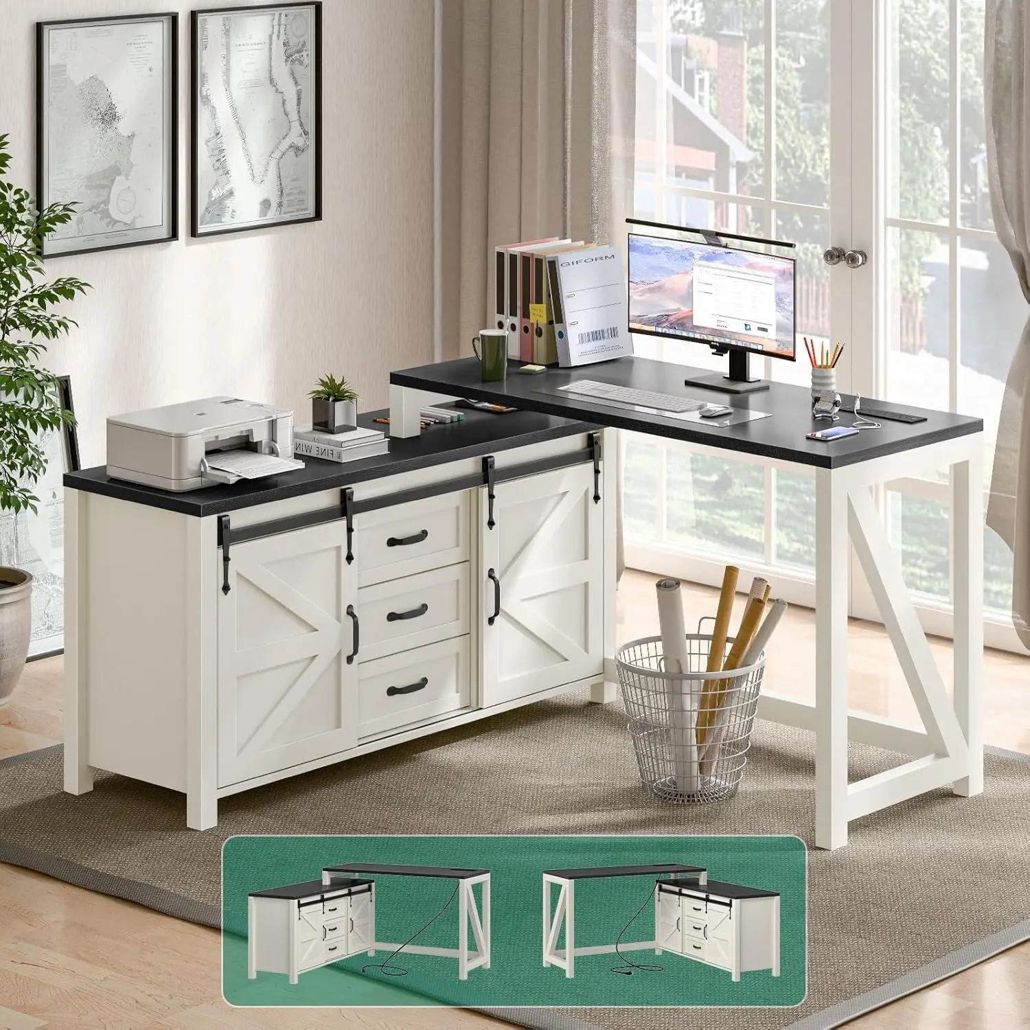 L Shaped Office Desk with Drawers Storage Cabinet Charging Station Rustic White, Customized
L Shaped Office Desk with Drawers Storage Cabinet Charging Station Rustic White, Customized