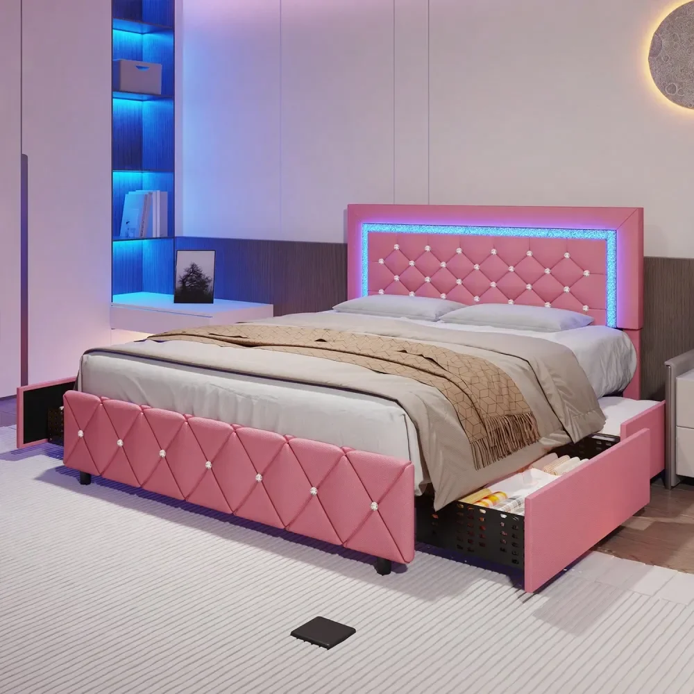 Full Queen Bed Frame With Drawers, Upholstered Bed Frame With LED Lights, Modern Platform Bed Frame With Headboard And Footboard
Full Queen Bed Frame With Drawers, Upholstered Bed Frame With LED Lights, Modern Platform Bed Frame With Headboard And Footboard