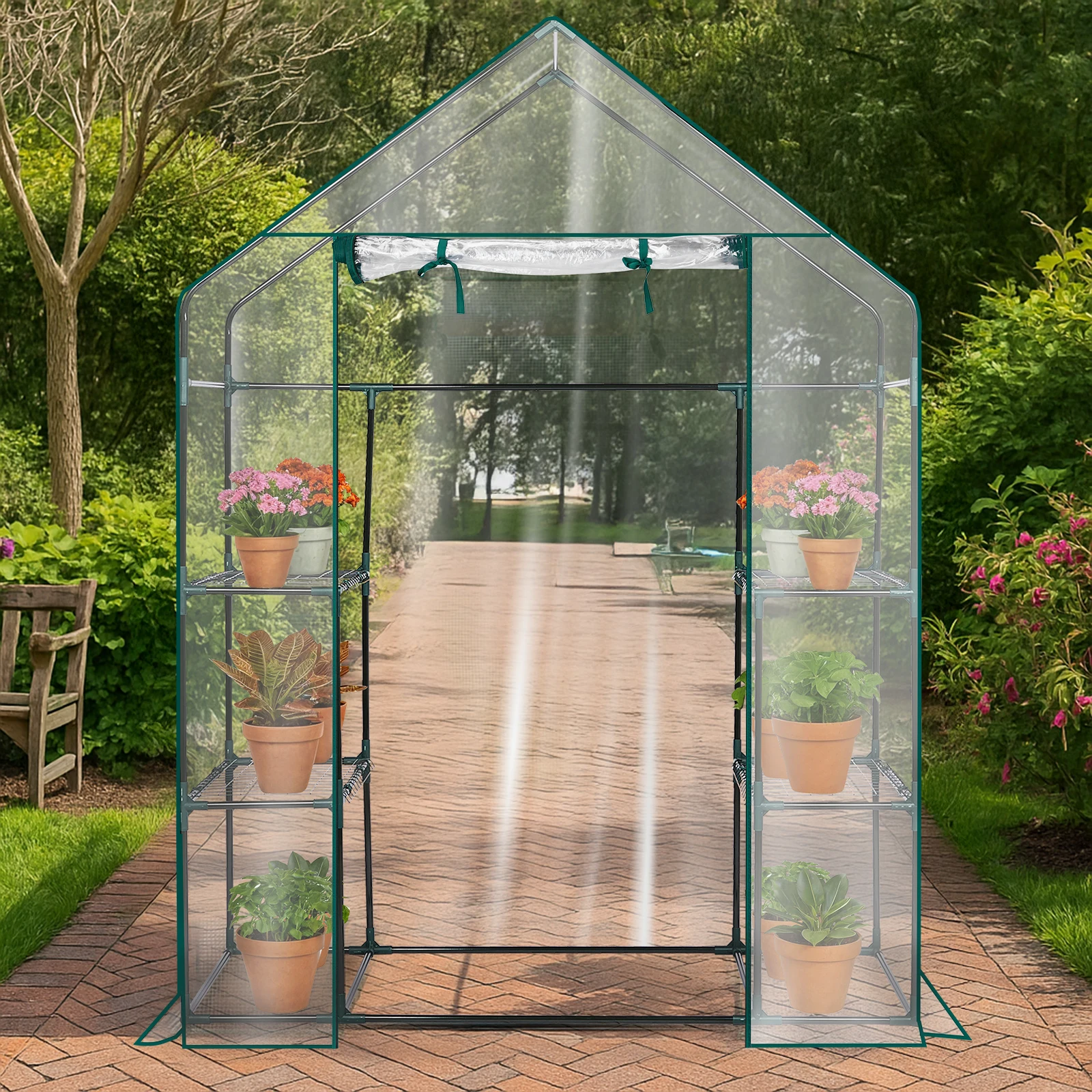 56 * 29 * 77in PE cloth flower room, transparent PVC dark green iron pipe, spire, with 4-piece mesh flower stand, with zipper
56 * 29 * 77in PE cloth flower room, transparent PVC dark green iron pipe, spire, with 4-piece mesh flower stand, with zipper