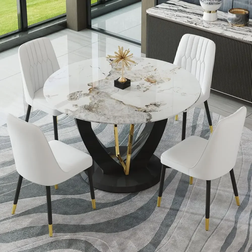Round Dining Table Set for 4, 48 Dining Room Table with Faux Marble Tabletop and 4 Upholstered Chairs,Modern Round Kitchen Tabl
Round Dining Table Set for 4, 48 Dining Room Table with Faux Marble Tabletop and 4 Upholstered Chairs,Modern Round Kitchen Tabl