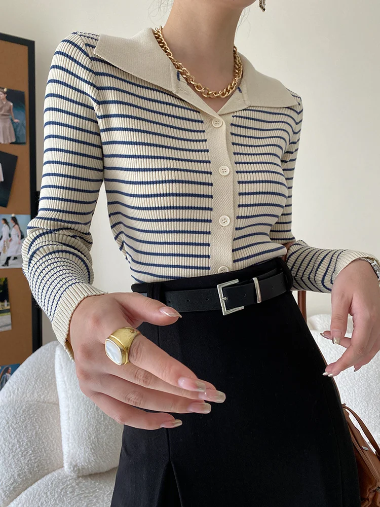 Striped High Elastic Slim Knitting Cardigan Sweater Lapel Long Sleeve Women New Fashion Tide Autumn Winter O535
Striped High Elastic Slim Knitting Cardigan Sweater Lapel Long Sleeve Women New Fashion Tide Autumn Winter O535