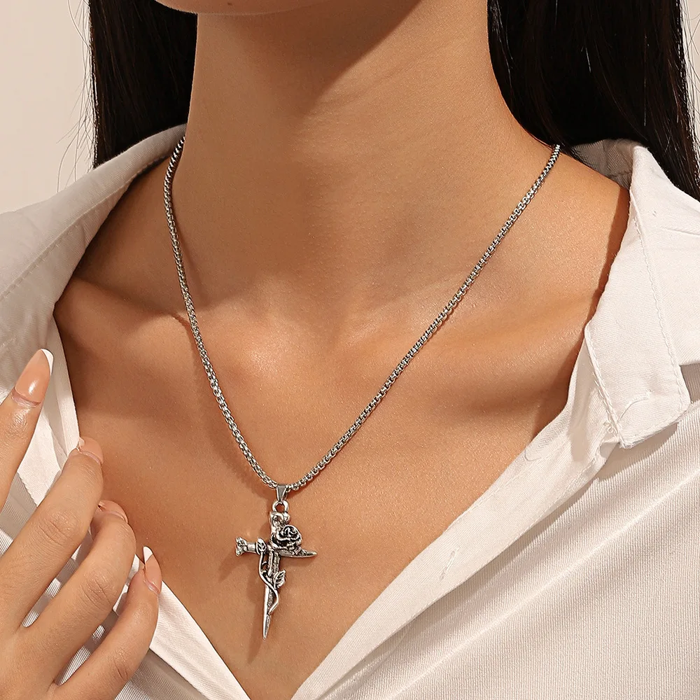 Men Vintage Rose Cross Necklace Titanium Steel Chic Unique Design Sweater Chain Fashion Accessories
Men Vintage Rose Cross Necklace Titanium Steel Chic Unique Design Sweater Chain Fashion Accessories