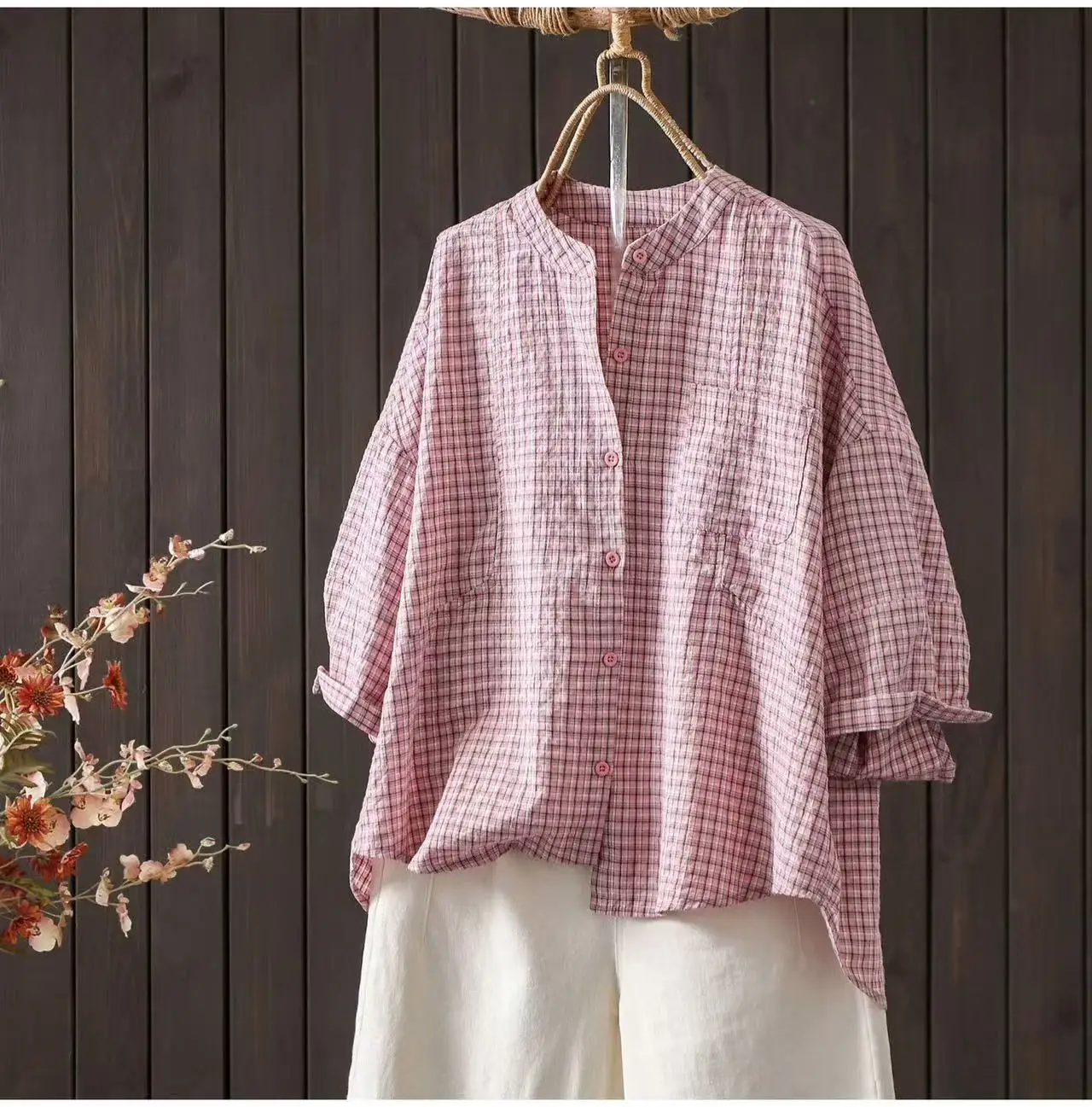 Bust 124cm Women's Pink Plaid Pure Cotton Shirts and Blouses Japanese Style Middle Aged Women Clothing 3/4 Sleeve Blouse
Bust 124cm Women's Pink Plaid Pure Cotton Shirts and Blouses Japanese Style Middle Aged Women Clothing 3/4 Sleeve Blouse