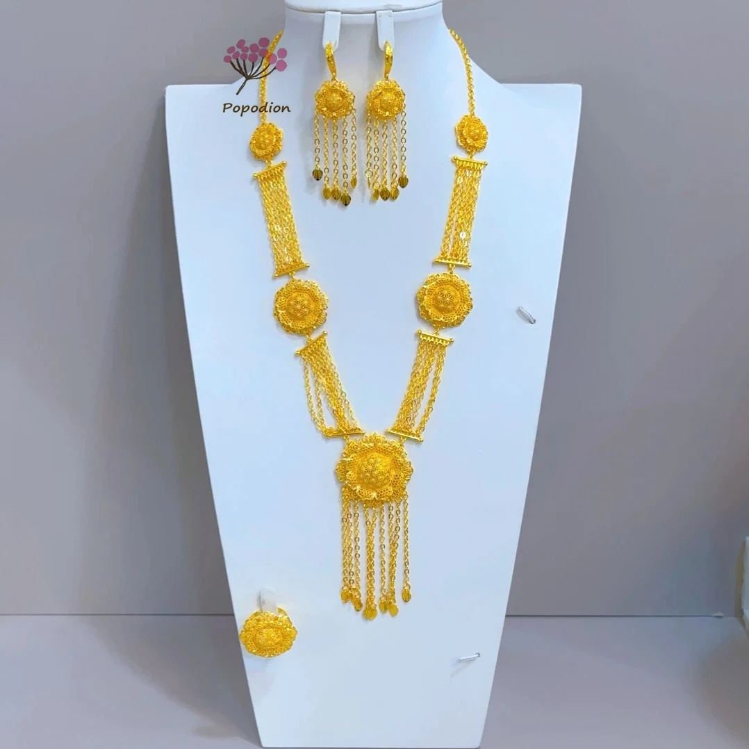 Dubai New 24K Gold Plated Necklace, Earrings, Rings as Gifts for Women's Friends, Wedding Party Jewelry Set DD10615
Dubai New 24K Gold Plated Necklace, Earrings, Rings as Gifts for Women's Friends, Wedding Party Jewelry Set DD10615