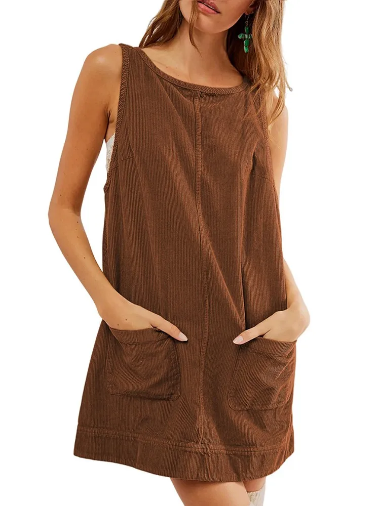 Solid Color Casual Round Neck Sleeveless Backless Vest Fashionable Y2K Pocket Mini Dress Summer Women's New Corduroy Dress
Solid Color Casual Round Neck Sleeveless Backless Vest Fashionable Y2K Pocket Mini Dress Summer Women's New Corduroy Dress