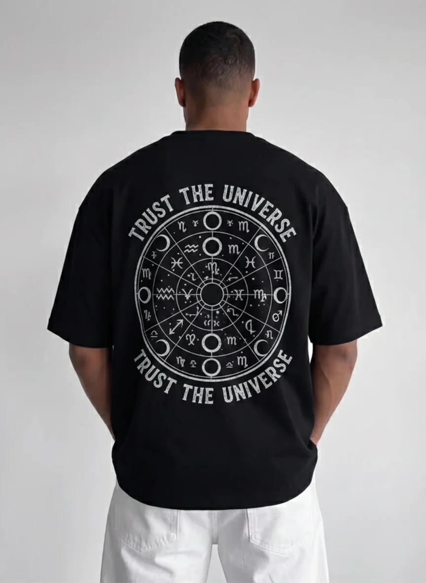 Black Astrology Graphic Tee with Zodiac Wheel Back Print Trust the Universe Mystical Celestial Design Vintage Distressed Look
Black Astrology Graphic Tee with Zodiac Wheel Back Print Trust the Universe Mystical Celestial Design Vintage Distressed Look