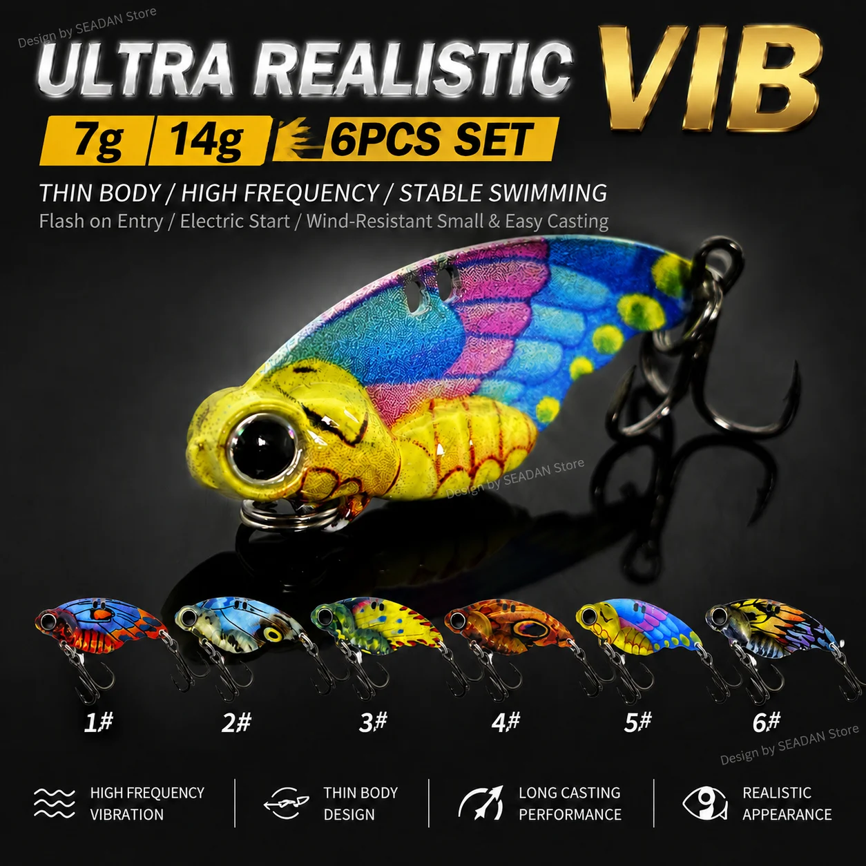 6Pcs Set High Vibration Butterfly VIB Fishing Lure Set, Metal Lure with Special Realistic Painting and 3D Simulated Fish Eyes
6Pcs Set High Vibration Butterfly VIB Fishing Lure Set, Metal Lure with Special Realistic Painting and 3D Simulated Fish Eyes