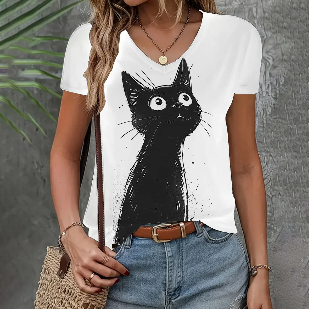 T-Shirts for Women Cat Print V-Neck Casual Summer Short Sleeve Comfortable Tops Fashion Elegant Animal Graphic Female Clothing
T-Shirts for Women Cat Print V-Neck Casual Summer Short Sleeve Comfortable Tops Fashion Elegant Animal Graphic Female Clothing