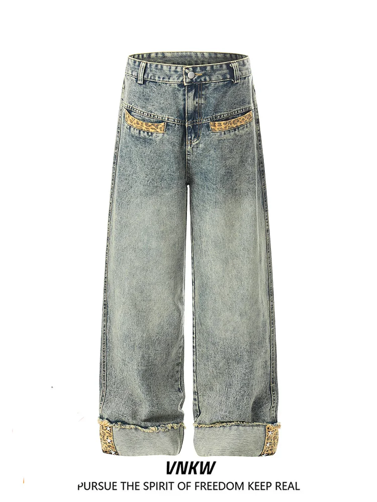 Retro American Waed Leopard Print Patchwork Jeans Men Women Loose Wide Leg Straight Tube Cuffed Versatile Long Trousers
Retro American Waed Leopard Print Patchwork Jeans Men Women Loose Wide Leg Straight Tube Cuffed Versatile Long Trousers