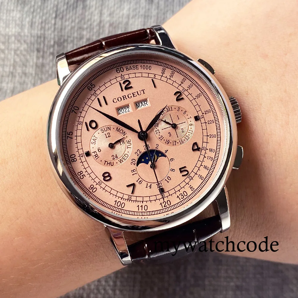 Corgeut 42mm Pink/Blue/White/Black Polished Multifuctional Automatic Men's Wristwatch Date Week Month Year Display Leather Strap
Corgeut 42mm Pink/Blue/White/Black Polished Multifuctional Automatic Men's Wristwatch Date Week Month Year Display Leather Strap