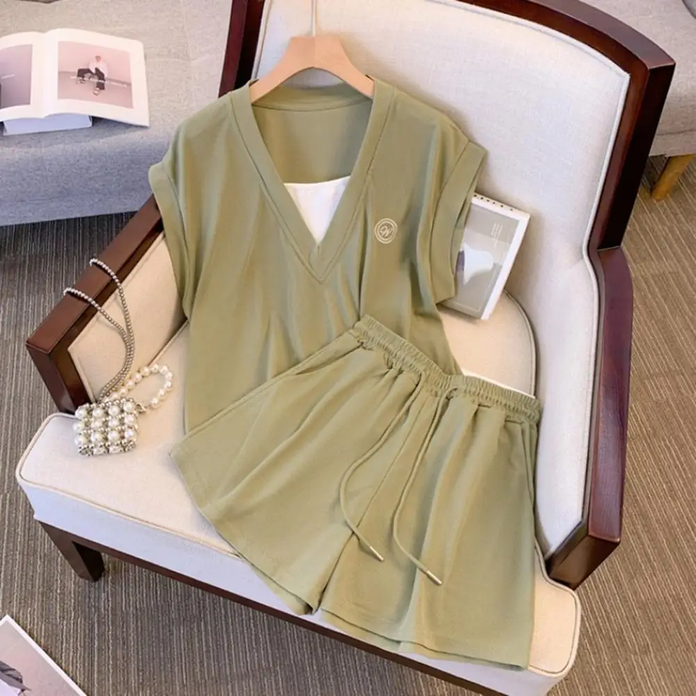 Summer Women Tracksuit V Neck Solid Sleeveless T-shirt Drawstring Elastic Waist Loose Shorts Sport Clothes Lady Top Shorts Set
Summer Women Tracksuit V Neck Solid Sleeveless T-shirt Drawstring Elastic Waist Loose Shorts Sport Clothes Lady Top Shorts Set
