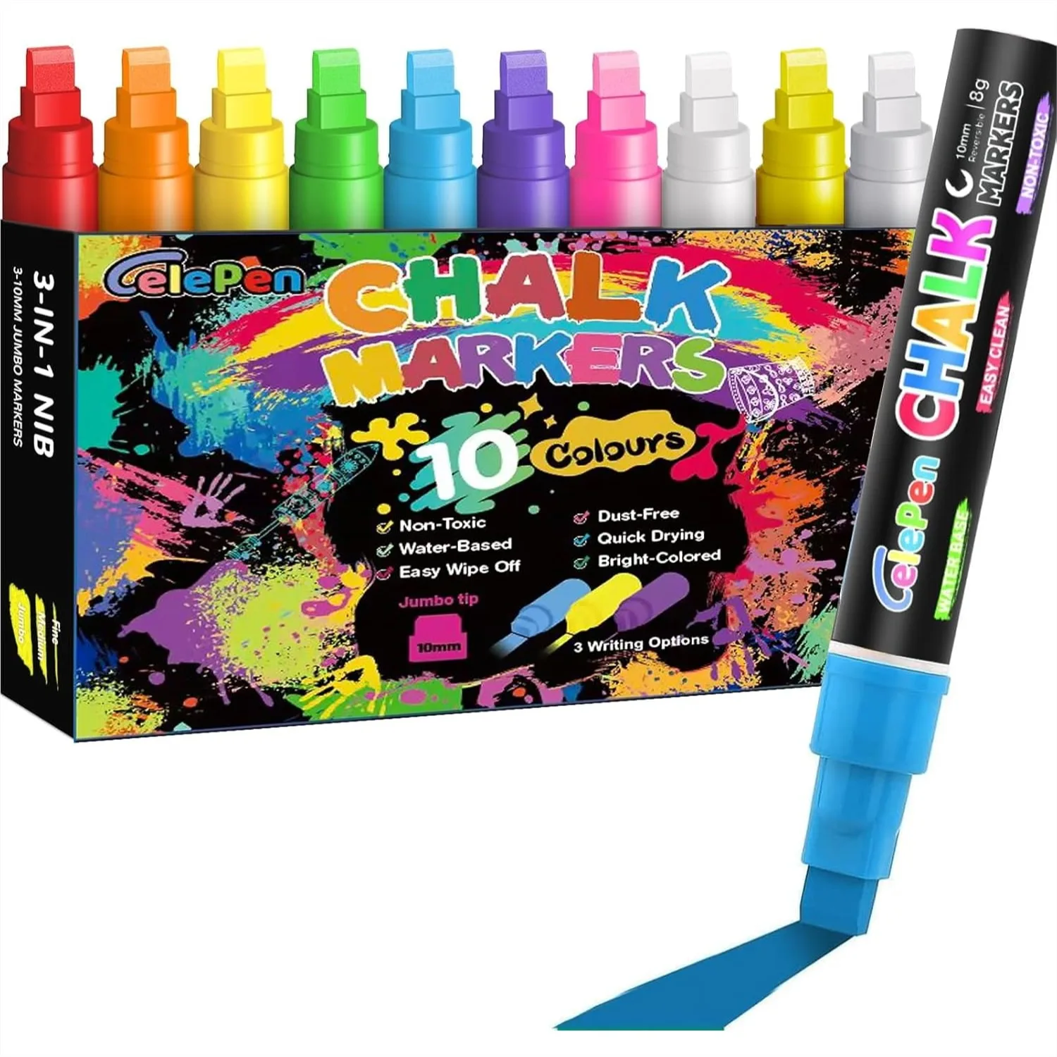 Jumbo Liquid Chalk Markers for Car Glass, 10 Colors Washable with 10mm 3-in-1 Nib for Auto, Bistro, Mirror, Poster
Jumbo Liquid Chalk Markers for Car Glass, 10 Colors Washable with 10mm 3-in-1 Nib for Auto, Bistro, Mirror, Poster