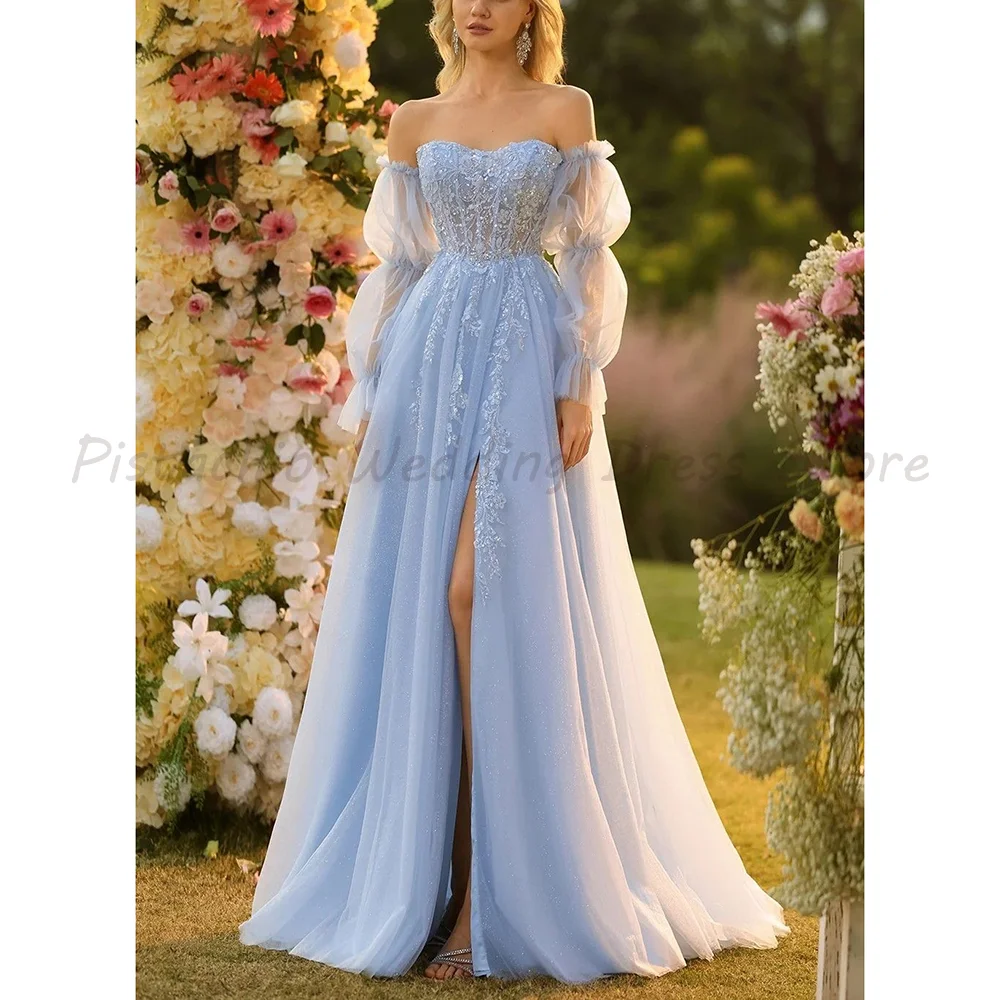 Elegant Light Blue Off Shoulder Prom Dress Puff Sleeve Glitter Tulle Lace Appliques High Slit A-Line Formal Evening Gown
Elegant Light Blue Off Shoulder Prom Dress Puff Sleeve Glitter Tulle Lace Appliques High Slit A-Line Formal Evening Gown