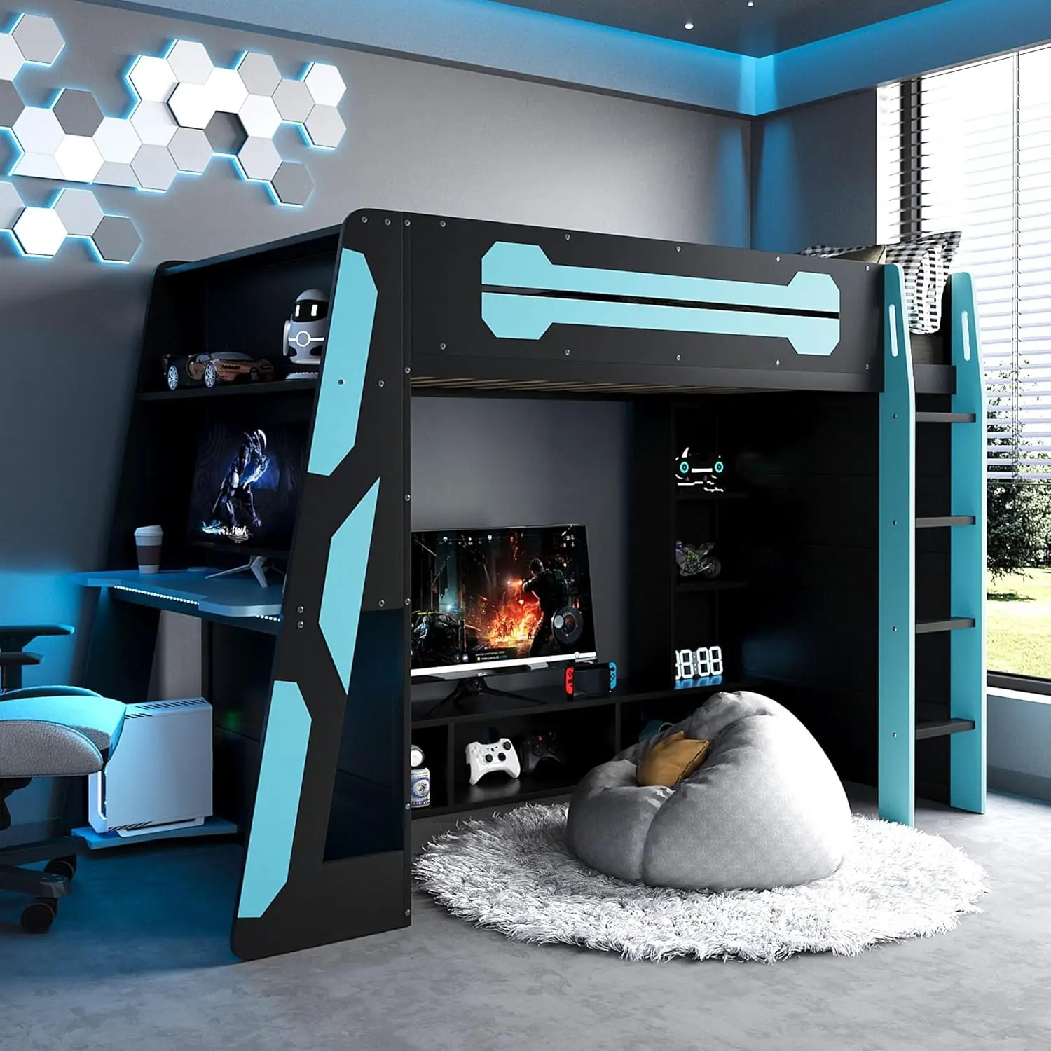 Wood Loft Bed with Desk, Multi-Storage Shelves and RGB Light, Twin Size, Cloud Blue, Customized
Wood Loft Bed with Desk, Multi-Storage Shelves and RGB Light, Twin Size, Cloud Blue, Customized