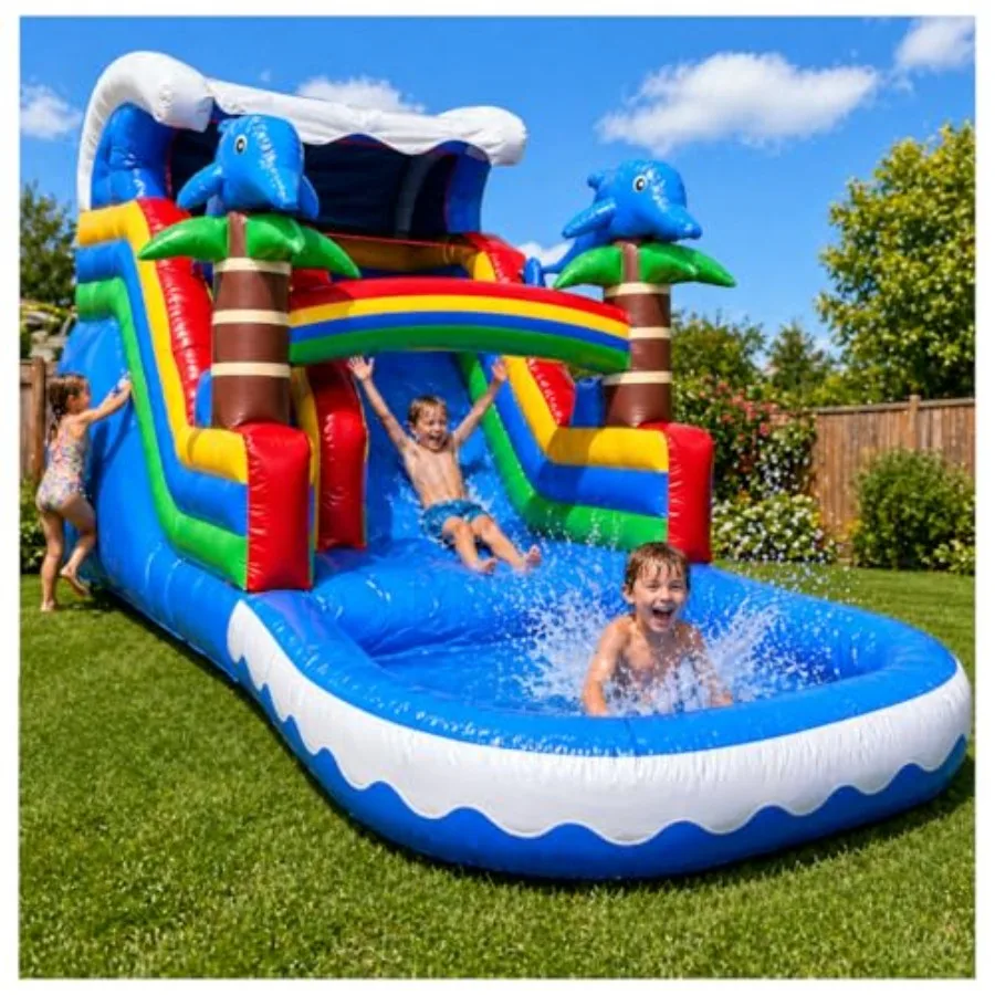21FT Tropical Inflatable Water Slide with Pool for Outdoor Recreation, Commercial Grade PVC Vinyl, Blue and Green, Reinforced S
21FT Tropical Inflatable Water Slide with Pool for Outdoor Recreation, Commercial Grade PVC Vinyl, Blue and Green, Reinforced S