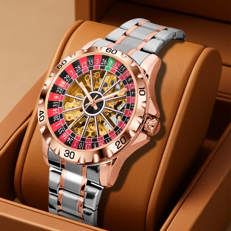 A men's gold-toned steel strap business elegance gambling disc skeletonized automatic mechanical watch
A men's gold-toned steel strap business elegance gambling disc skeletonized automatic mechanical watch