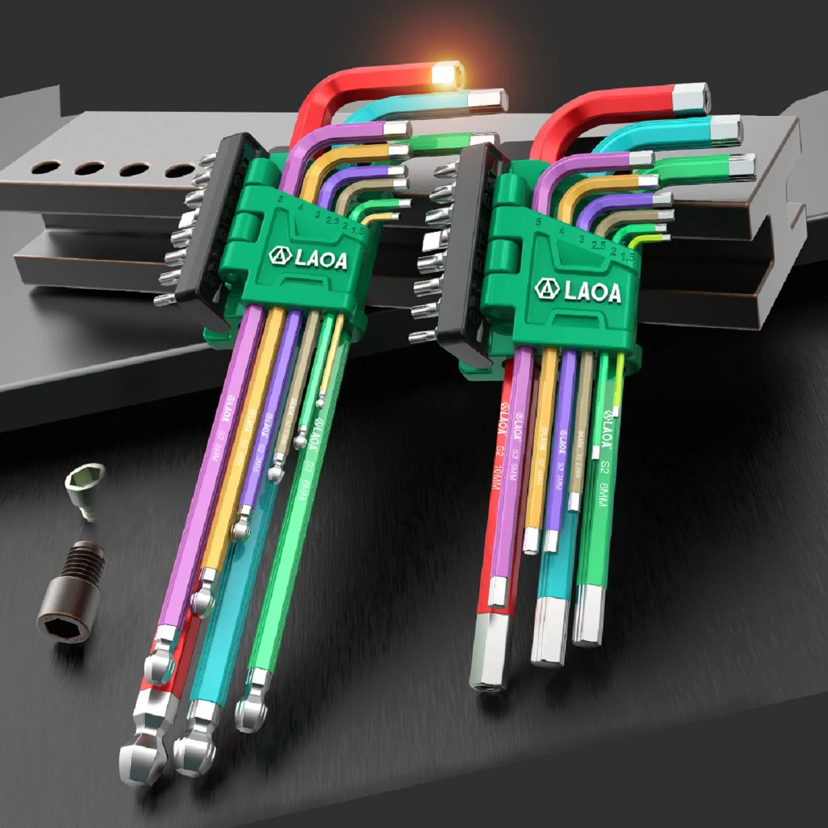 LAOA 17PC Rainbow Hex Key Set S2 Alloy Steel Ball Flat Head Hex Wrench Kit 1.5-10MM with Magnetic Batch Head 58HRC
LAOA 17PC Rainbow Hex Key Set S2 Alloy Steel Ball Flat Head Hex Wrench Kit 1.5-10MM with Magnetic Batch Head 58HRC