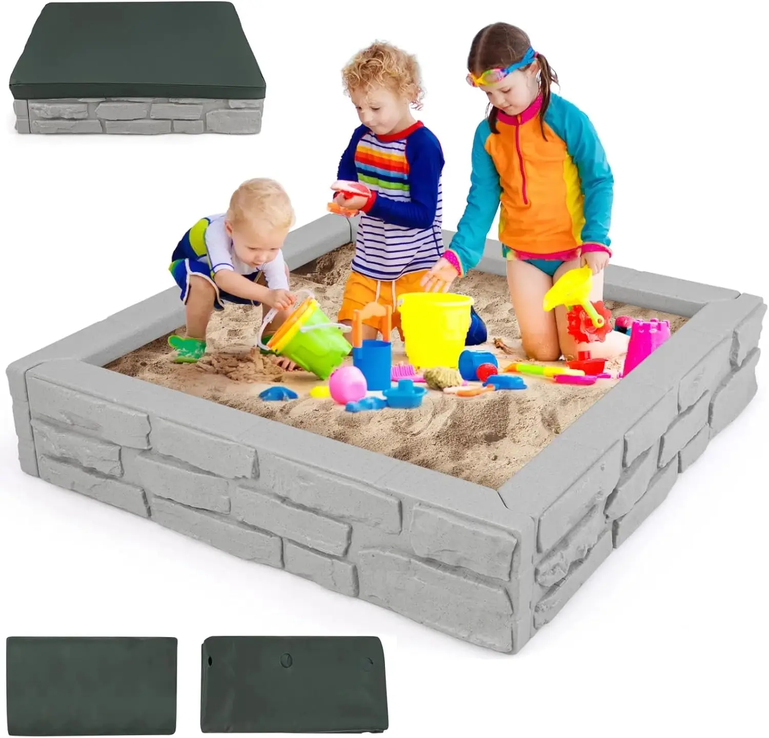 Sandbox with Cover, 47 x 47 Inch Square Sand Pit for Backyard, Bottom Drainage Oxford Liner, HDPE Playful All Weather Resistant
Sandbox with Cover, 47 x 47 Inch Square Sand Pit for Backyard, Bottom Drainage Oxford Liner, HDPE Playful All Weather Resistant