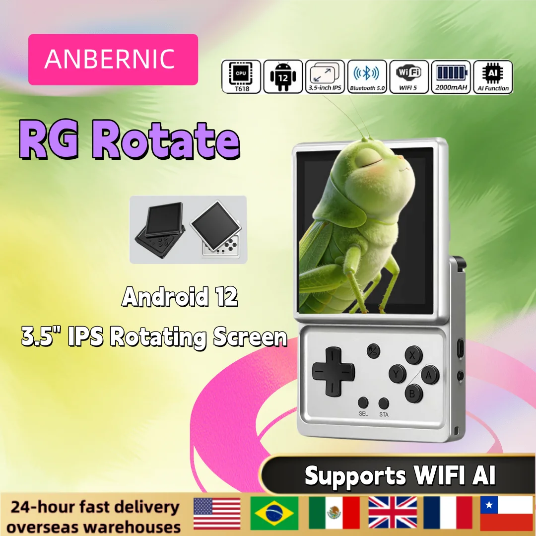 AI Anbernic RG Rotate Retro Handheld Game Console 3.5" IPS Rotating Screen Portable Games Player Android Supports WIFI Streaming