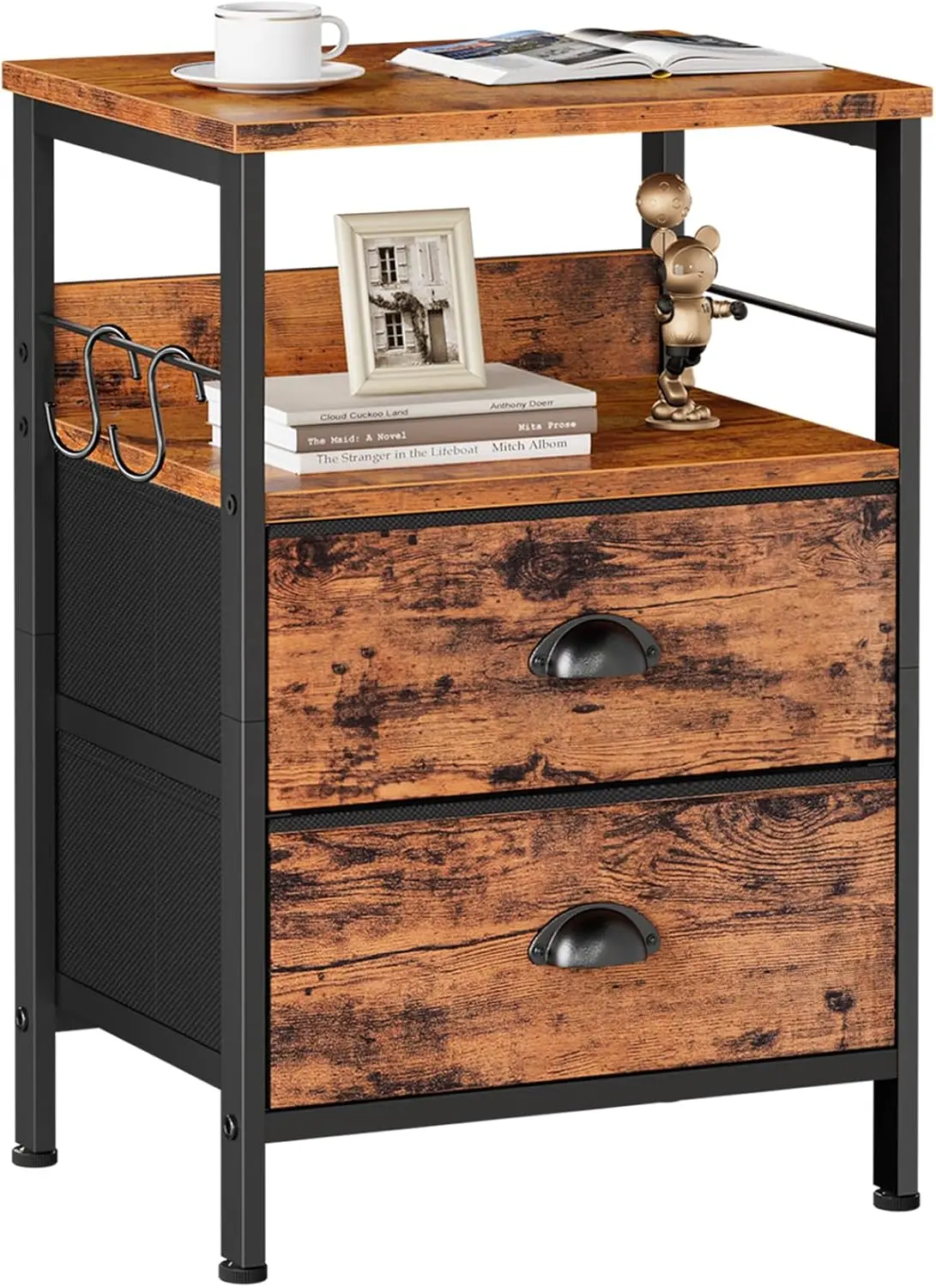 Bedside table with 2 fabric drawers, coffee table with open wooden frame, side sofa table with 2 hooks
Bedside table with 2 fabric drawers, coffee table with open wooden frame, side sofa table with 2 hooks