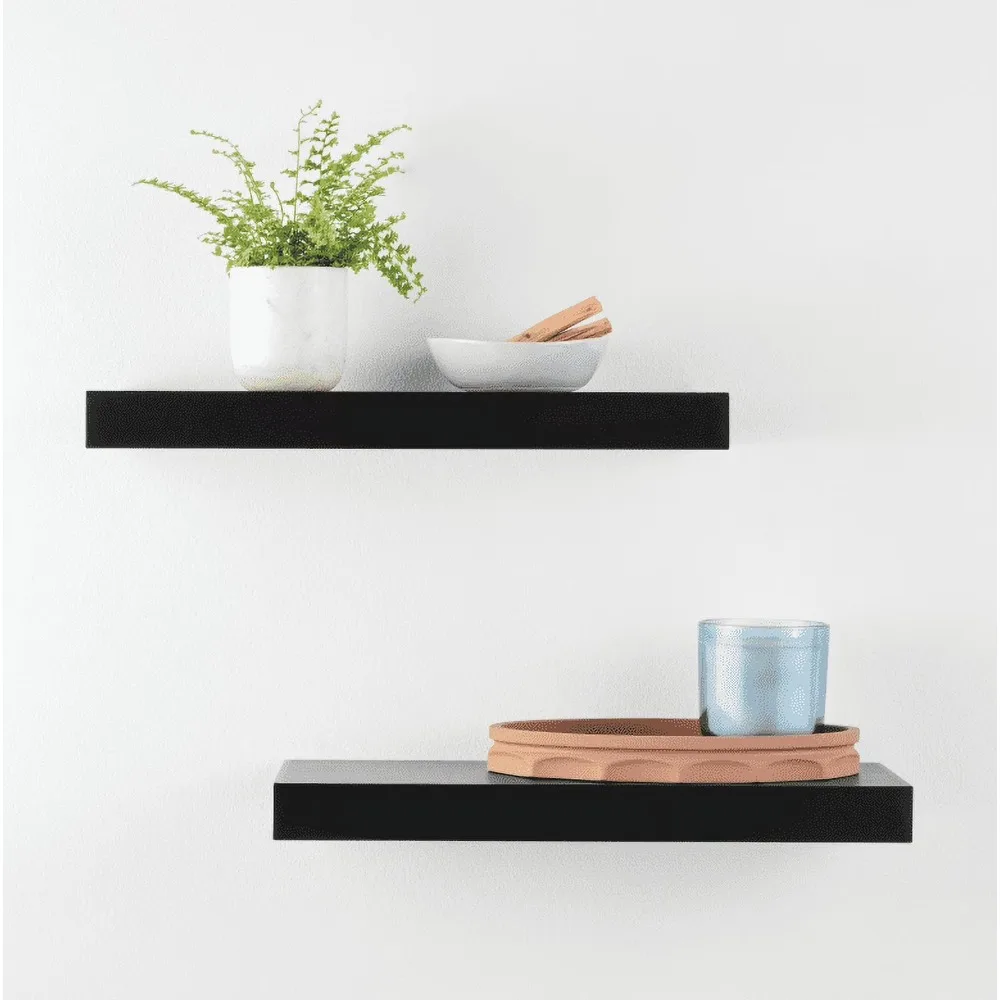 Modern Black Wood Floating Shelves Set of 2 for Wall Mounted Storage Display
Modern Black Wood Floating Shelves Set of 2 for Wall Mounted Storage Display