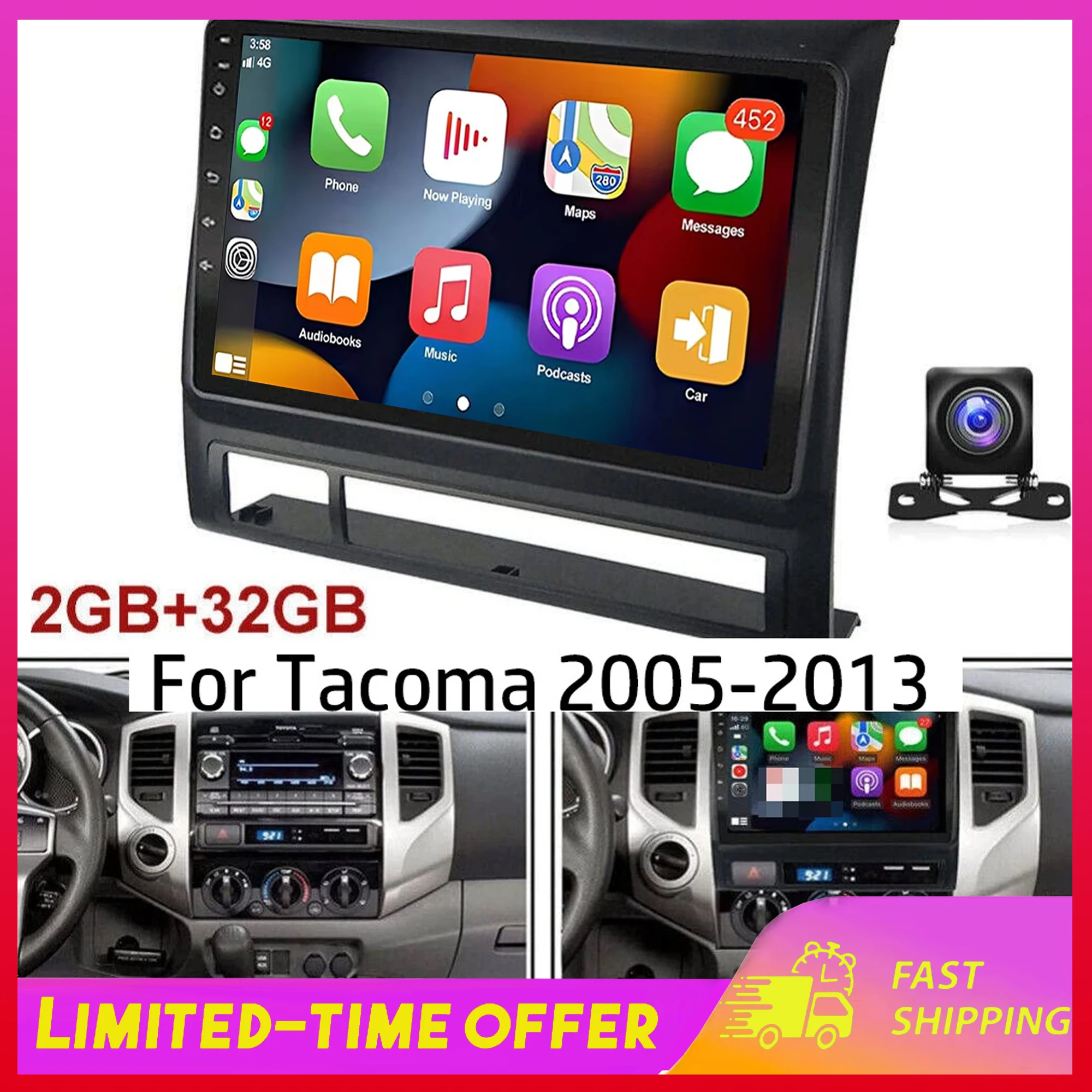 Для Toyota Tacoma 2005-2013: Мультимедийная система с беспроводным CarPlay, Android Auto, сенсорным экраном, Android 15, GPS, AHD-камерой заднего вида, 9 дюймов
Для Toyota Tacoma 2005-2013: Мультимедийная система с беспроводным CarPlay, Android Auto, сенсорным экраном, Android 15, GPS, AHD-камерой заднего вида, 9 дюймов