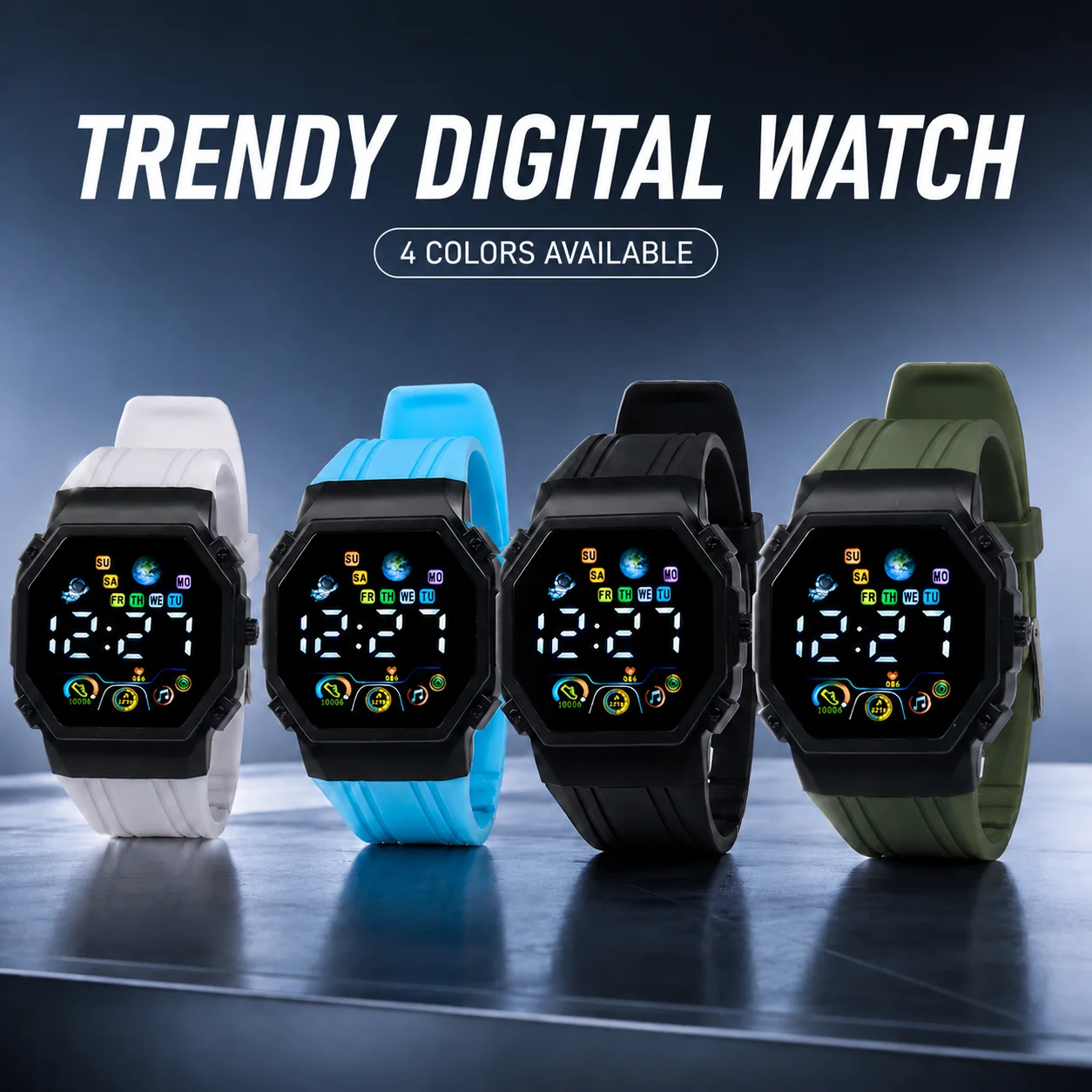 Unisex trendy casual LED digital electronic watch. It features a black three-dimensional square case, soft silicone strap
Unisex trendy casual LED digital electronic watch. It features a black three-dimensional square case, soft silicone strap