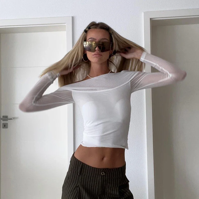Solid Color Simple Fashion One-Shoulder Patchwork Mesh Sexy Slim Waistless Long-Sleeved Top Shirt 2024 Fall New Tops
Solid Color Simple Fashion One-Shoulder Patchwork Mesh Sexy Slim Waistless Long-Sleeved Top Shirt 2024 Fall New Tops