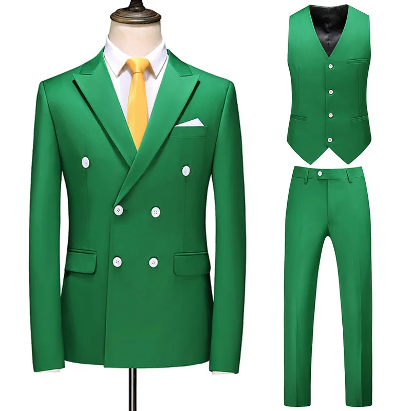 Men's business slim fit formal suit three piece double breasted two button suit solid color flat lapel
Men's business slim fit formal suit three piece double breasted two button suit solid color flat lapel